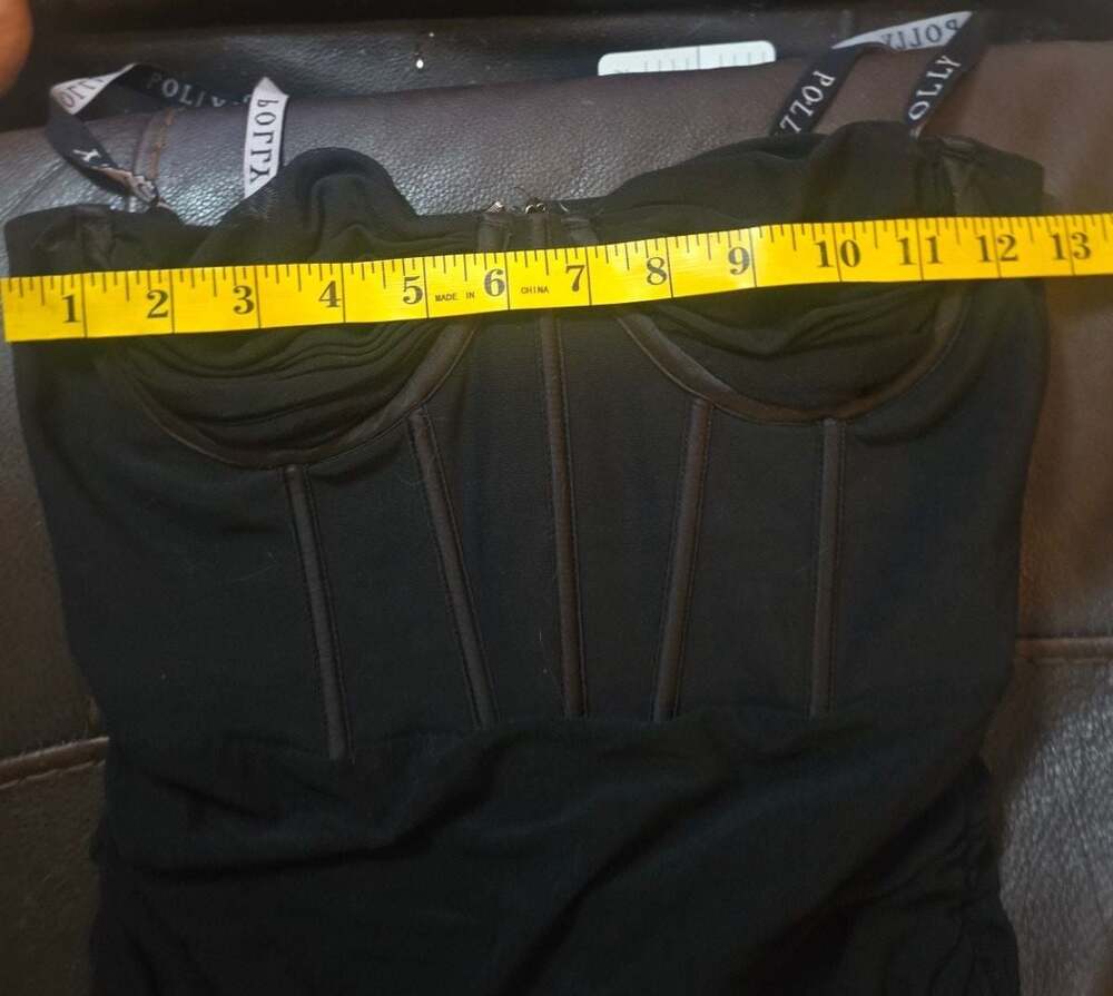 Oh Polly Black Ruched Corset Mini Dress with Logo Straps - Picture 5 of 5